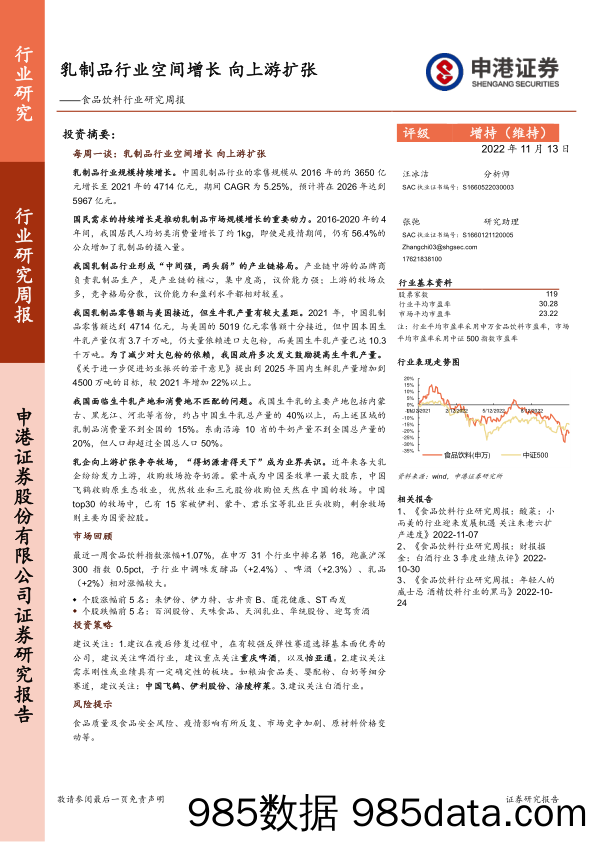 食品饮料行业研究周报：乳制品行业空间增长 向上游扩张_申港证券