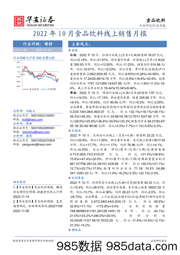 食品饮料行业月报：2022年10月食品饮料线上销售月报_华安证券