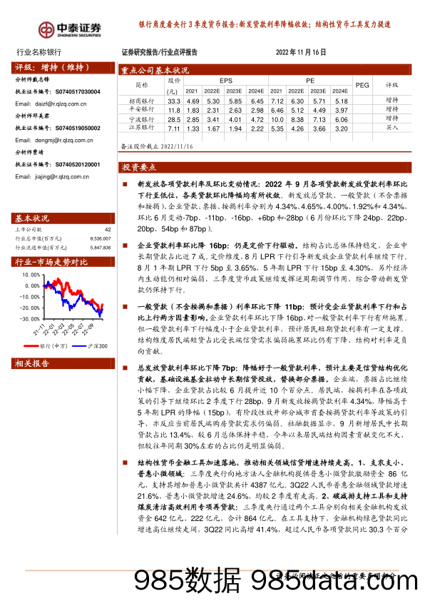 银行角度看央行3季度货币报告：新发贷款利率降幅收敛；结构性货币工具发力提速_中泰证券