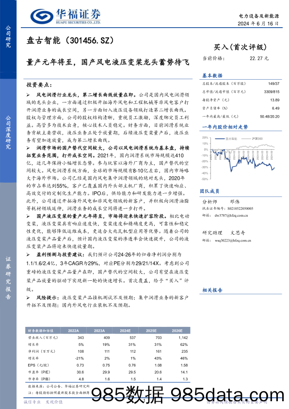 盘古智能(301456)量产元年将至，国产风电液压变桨龙头蓄势待飞-240616-华福证券