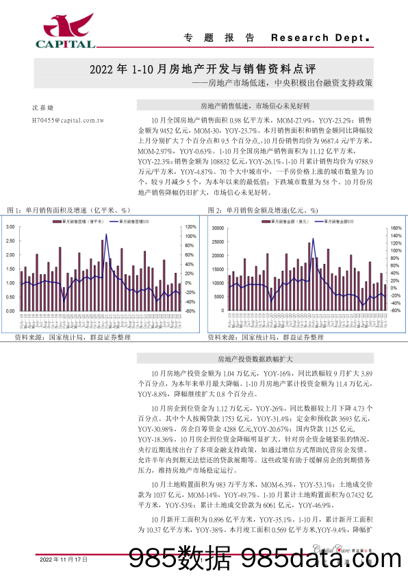 2022年1-10月房地产开发与销售资料点评：房地产市场低迷，中央积极出台融资支持政策_群益证券