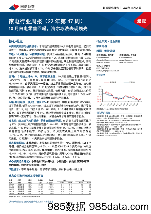 家电行业周报（22年第47周）：10月白电零售回暖，海尔冰洗表现领先_国信证券