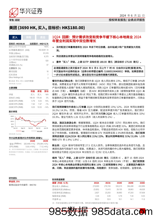 美团(3690.HK)1Q24回顾：预计需求改变和竞争平缓下核心本地商业2024年营业利润实现中双位数增长-240611-华兴证券