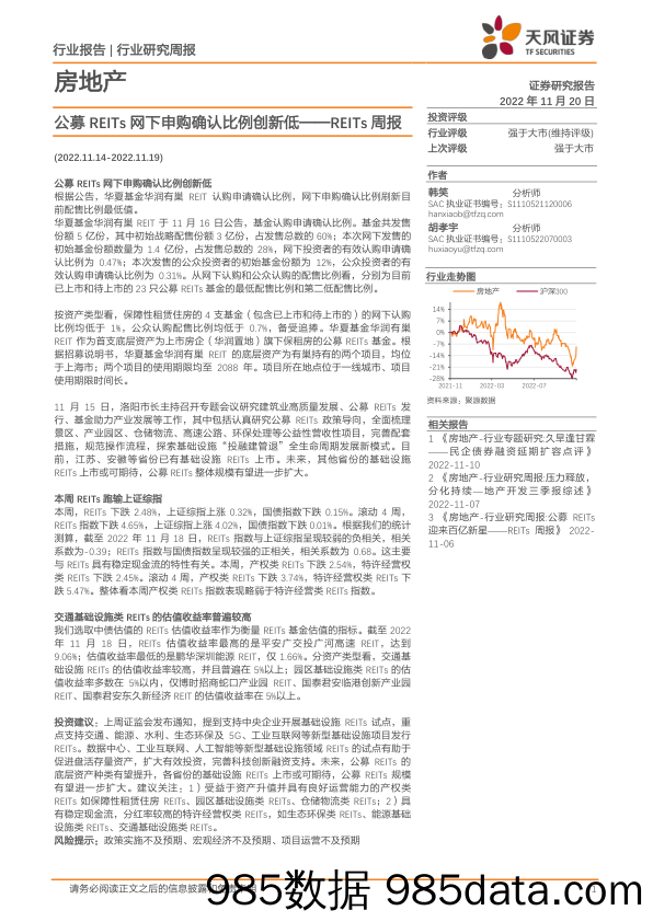 房地产行业研究周报：公募REITs网下申购确认比例创新低——REITs周报_天风证券