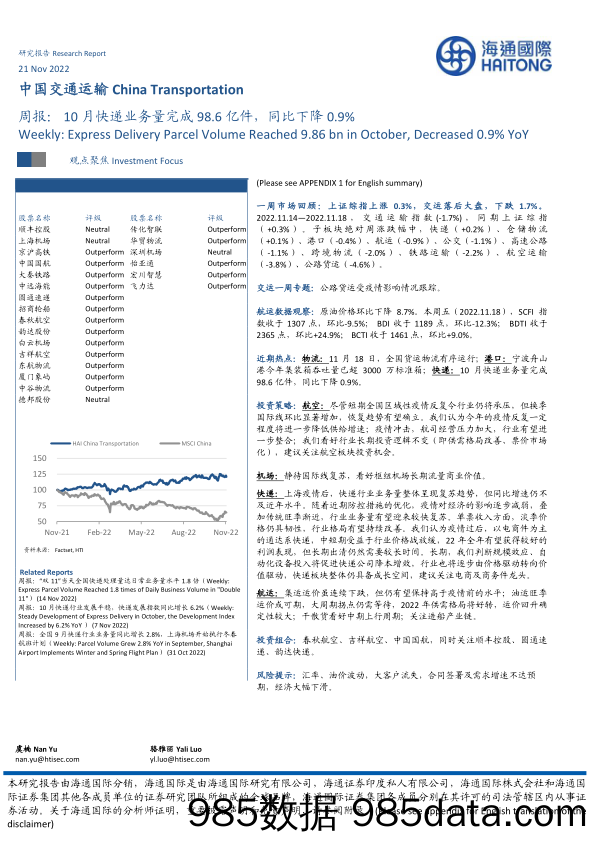 中国交通运输周报：10月快递业务量完成98.6亿件，同比下降0.9%_海通国际