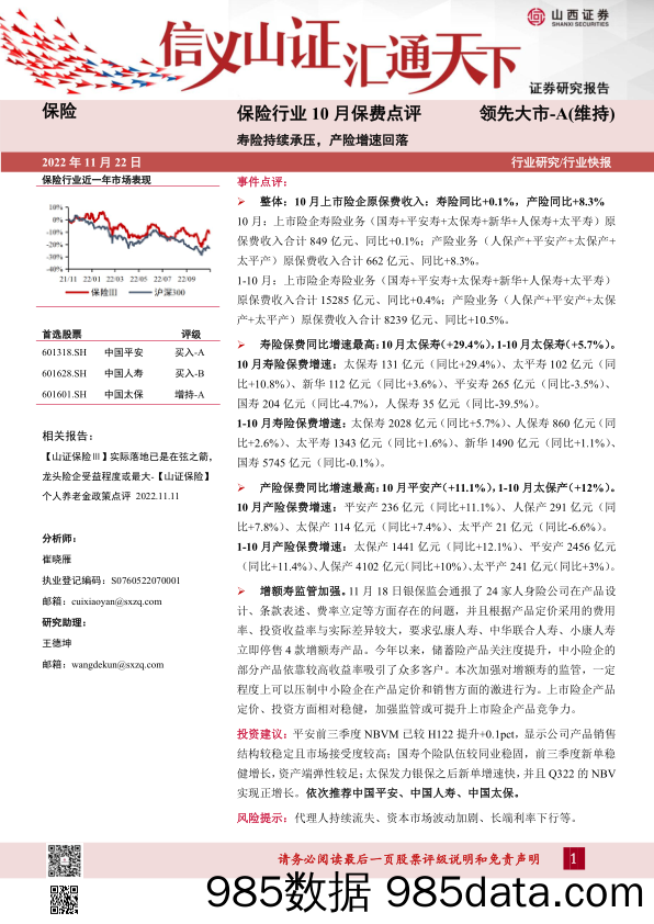 保险行业10月保费点评：寿险持续承压，产险增速回落_山西证券