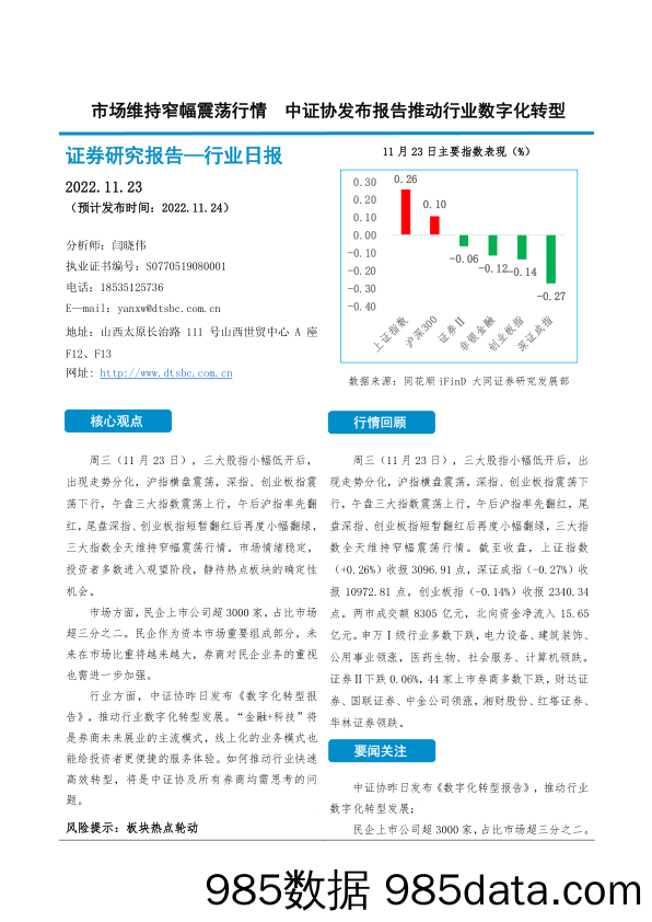 非银金融行业日报：市场维持窄幅震荡行情 中证协发布报告推动行业数字化转型_大同证券