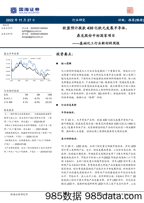 基础化工行业新材料周报：欧盟预计拨款430亿欧元发展半导体，鼎龙股份中标国家项目_国海证券