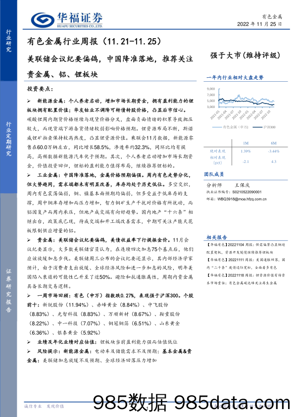 有色金属行业周报：美联储会议纪要偏鸽，中国降准落地，推荐关注贵金属、铝、锂板块_华福证券