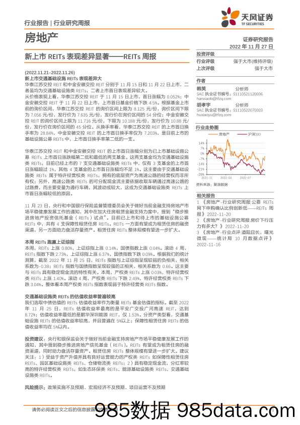 房地产REITs周报：新上市REITs表现差异显著_天风证券