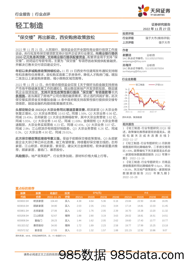 轻工制造：“保交楼”再出新政，西安购房政策放松_天风证券