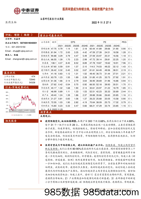 医药生物行业周报：医药有望成为持续主线，积极把握产业方向_中泰证券