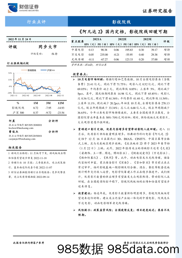 影视院线：《阿凡达2》国内定档，影视院线回暖可期_财信证券