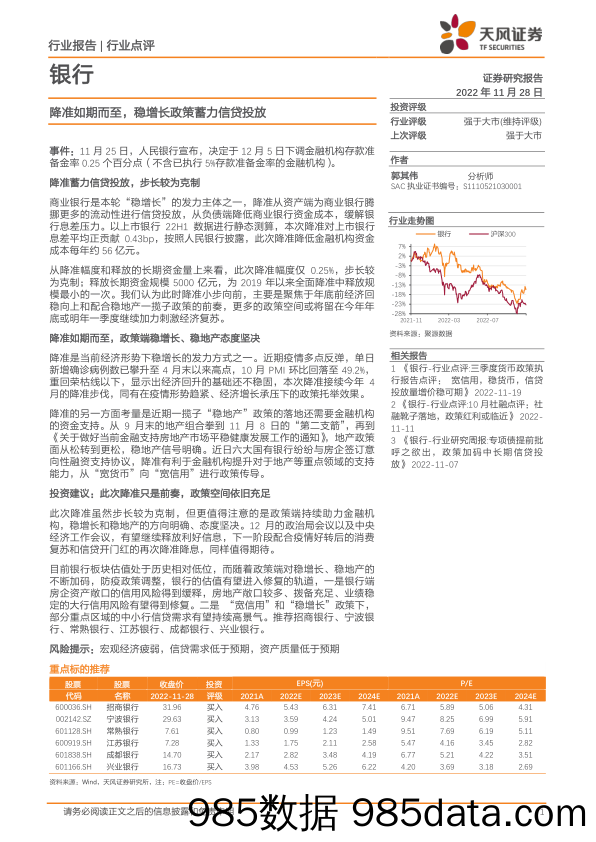 银行：降准如期而至，稳增长政策蓄力信贷投放_天风证券