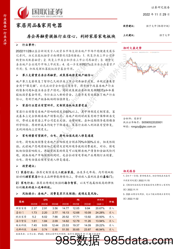 家居用品&家用电器：房企再融资提振行业信心，利好家居家电板块_国联证券