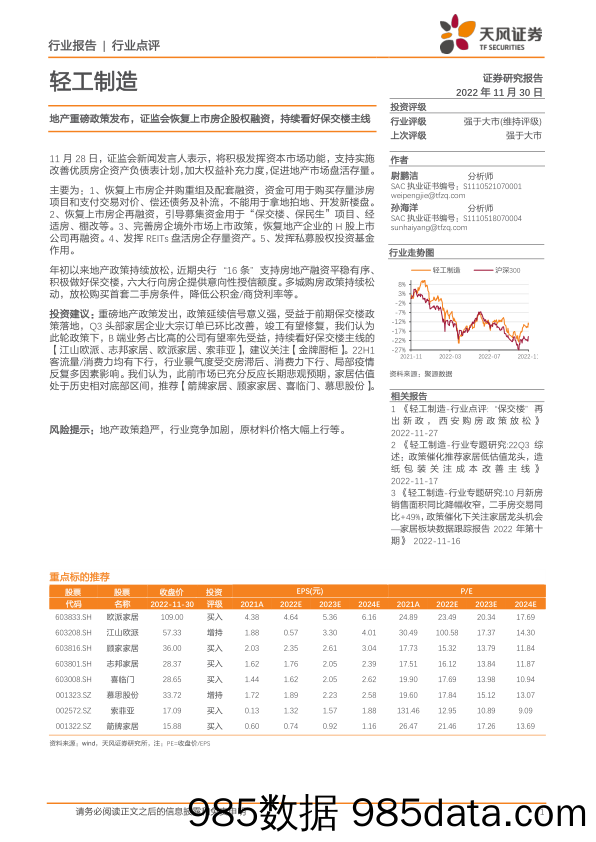 轻工制造：地产重磅政策发布，证监会恢复上市房企股权融资，持续看好保交楼主线_天风证券