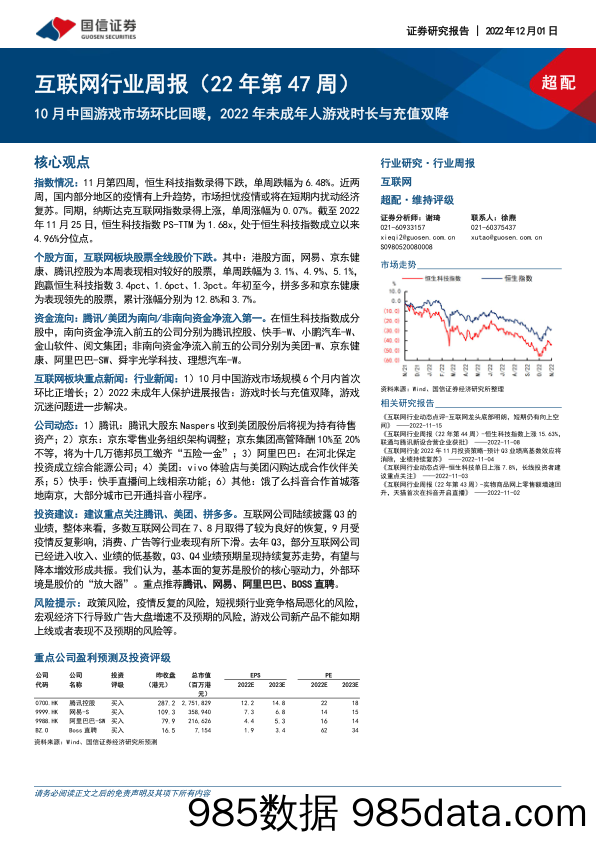 互联网行业周报（22年第47周）：10月中国游戏市场环比回暖，2022年未成年人游戏时长与充值双降_国信证券