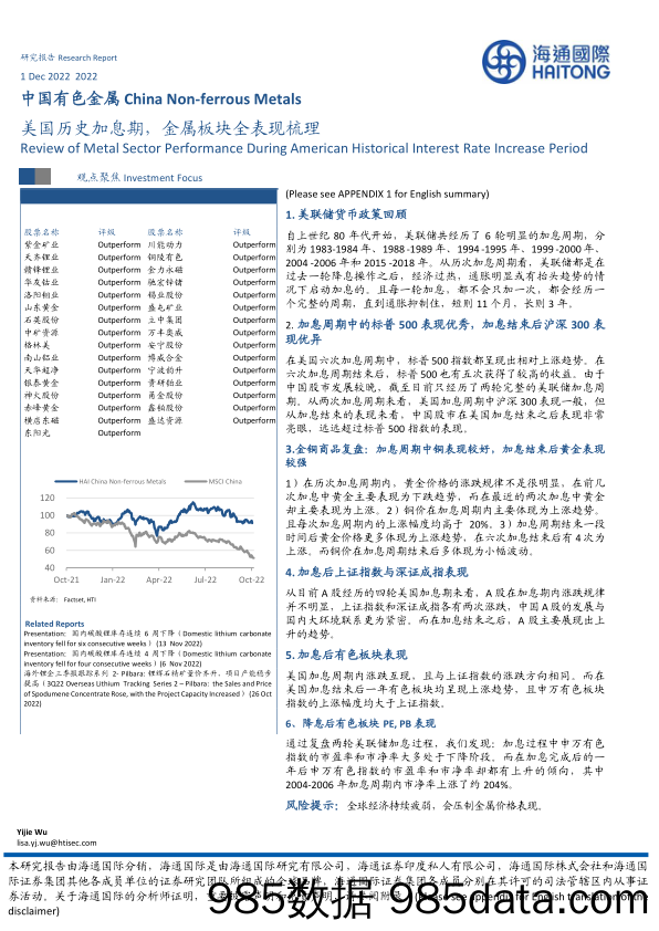 中国有色金属：美国历史加息期，金属板块全表现梳理_海通国际