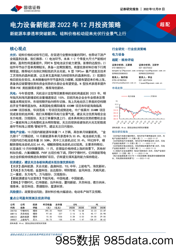 电力设备新能源2022年12月投资策略：新能源车渗透率突破新高，硅料价格松动迎来光伏行业景气上行_国信证券