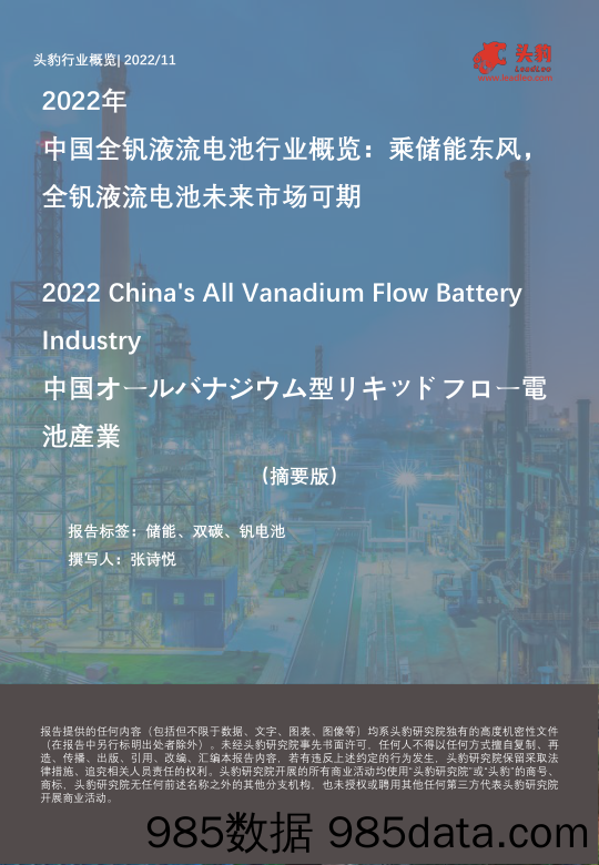 2022年中国全钒液流电池行业概览：乘储能东风，全钒液流电池未来市场可期（摘要版）_头豹研究院