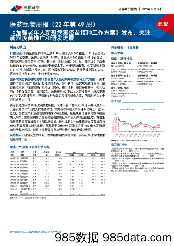 医药生物周报（22年第49周）：《加强老年人新冠病毒疫苗接种工作方案》发布，关注新冠疫苗推广和研发进展_国信证券