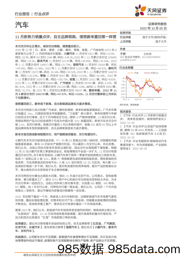 汽车11月新势力销量点评：自主品牌领跑，理想蔚来重回第一阵营_天风证券