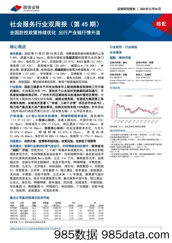 社会服务行业双周报（第45期）：全国防控政策持续优化 出行产业链行情升温_国信证券