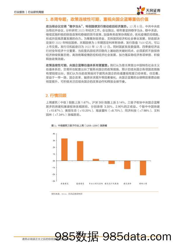 建筑装饰行业研究周报：政策连续性可期，重视央国企蓝筹重估价值_天风证券插图2