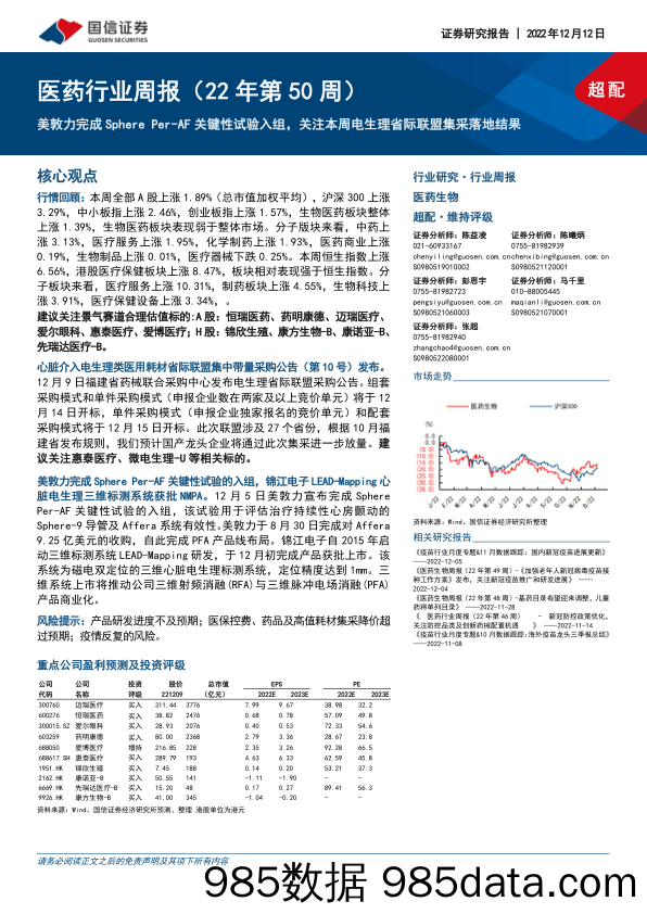 医药行业周报（22年第50周）：美敦力完成Sphere Per-AF关键性试验入组，关注本周电生理省际联盟集采落地结果_国信证券