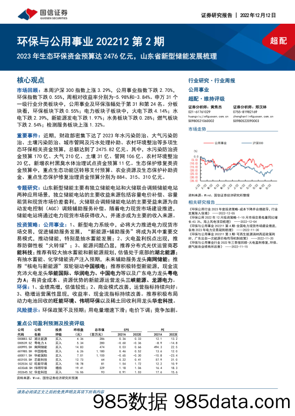 环保与公用事业202212第2期：2023年生态环保资金预算达2476亿元，山东省新型储能发展梳理_国信证券