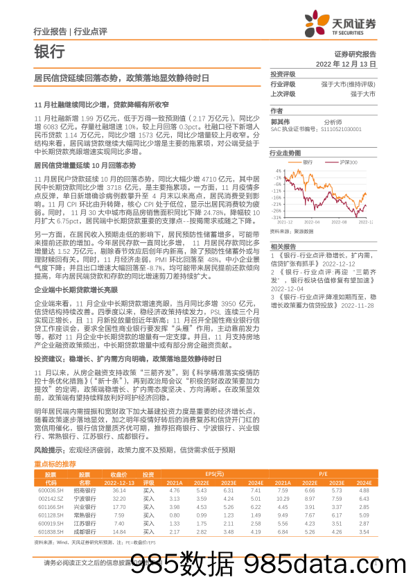 银行行业点评：居民信贷延续回落态势，政策落地显效静待时日_天风证券