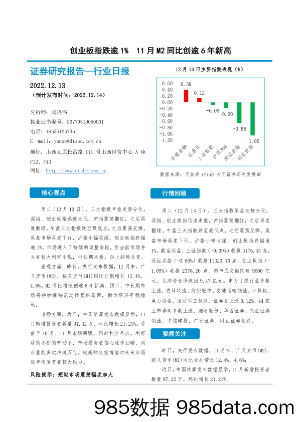 非银金融行业日报：创业板指跌逾1% 11月M2同比创逾6年新高_大同证券