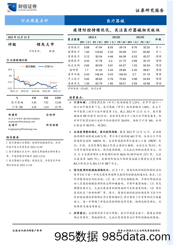 医疗器械行业周度点评：疫情防控持续优化，关注医疗器械相关板块_财信证券