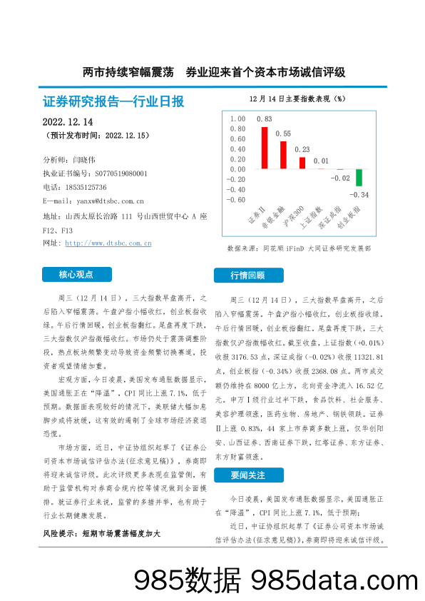 非银金融行业日报：两市持续窄幅震荡 券业迎来首个资本市场诚信评级_大同证券