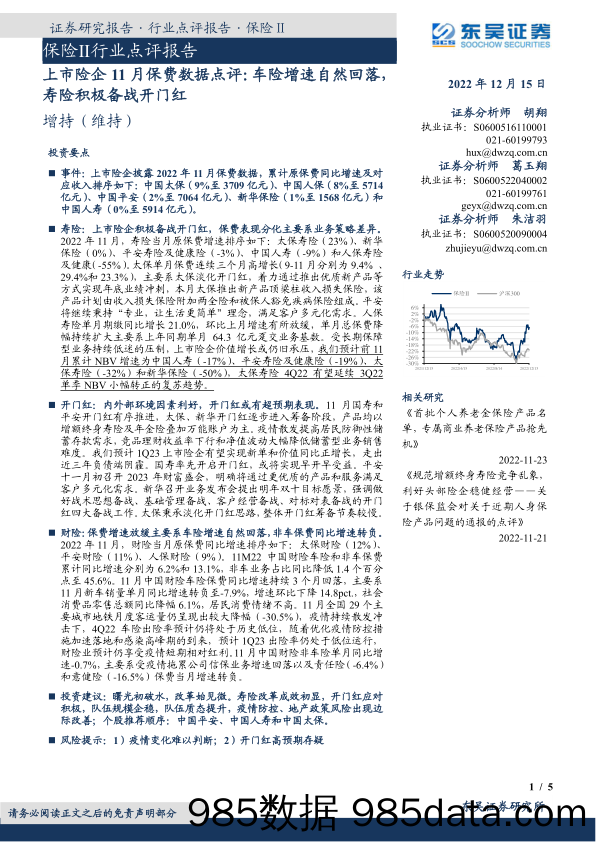 上市险企11月保费数据点评：车险增速自然回落，寿险积极备战开门红_东吴证券