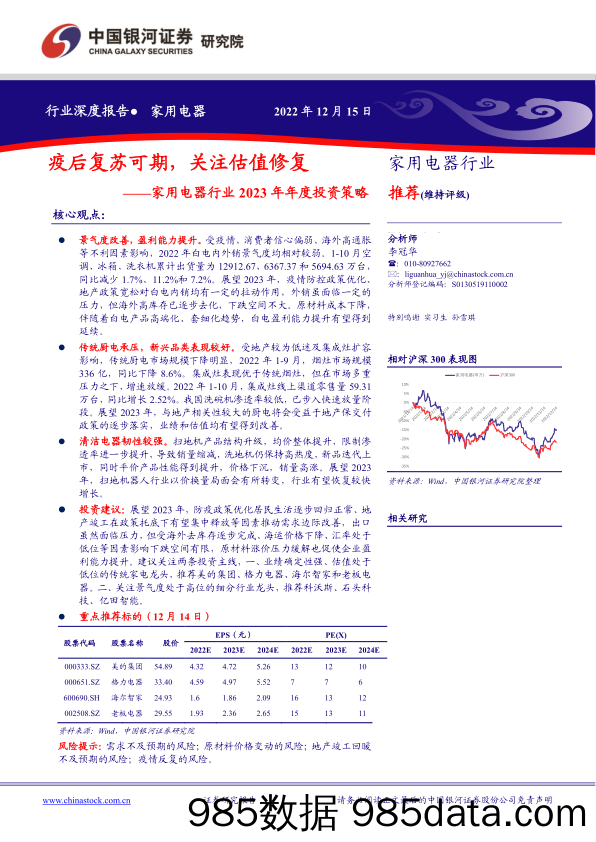 家用电器行业2023年年度投资策略：疫后复苏可期，关注估值修复_中国银河