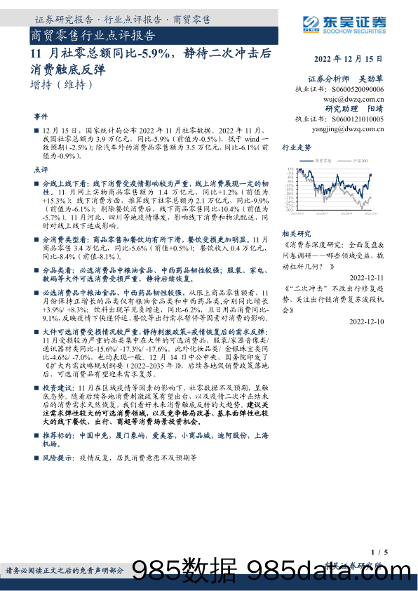 商贸零售行业点评报告：11月社零总额同比-5.9%，静待二次冲击后消费触底反弹_东吴证券