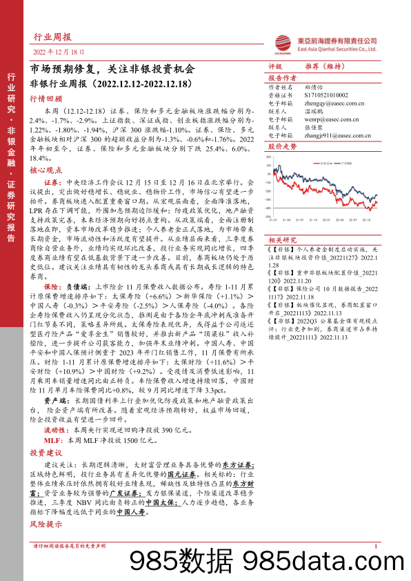 非银行业周报：市场预期修复，关注非银投资机会_东亚前海证券