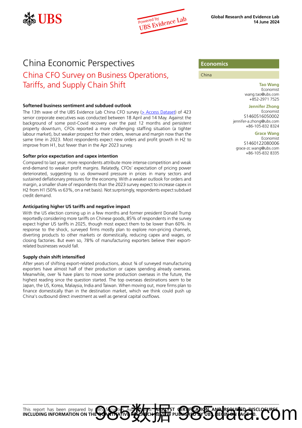 UBS Economics-China Economic Perspectives _China CFO Survey on Business Op…-108697808插图