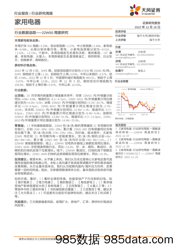 家用电器22W50周度研究：行业数据追踪_天风证券