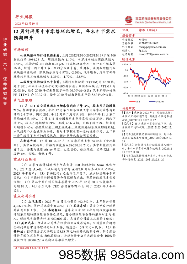 汽车行业周报：12月前两周车市零售环比增长，年末车市需求预期回升_东亚前海证券