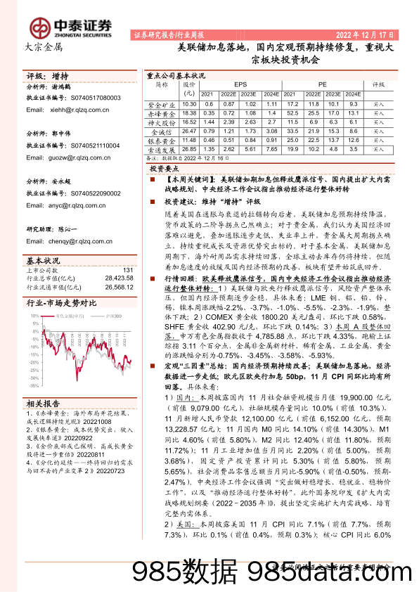 大宗金属行业周报：美联储加息落地，国内宏观预期持续修复，重视大宗板块投资机会_中泰证券