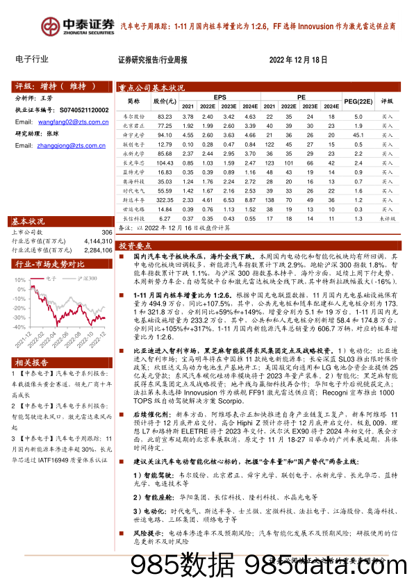 汽车电子周跟踪：1-11月国内桩车增量比为1 2.6，FF选择Innovusion作为激光雷达供应商_中泰证券