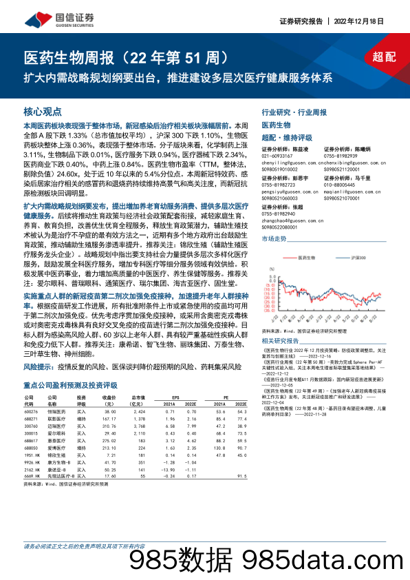 医药生物周报（22年第51周）：扩大内需战略规划纲要出台，推进建设多层次医疗健康服务体系_国信证券