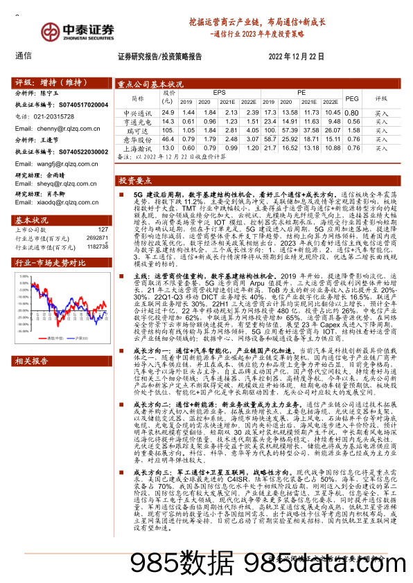 通信行业2023年年度投资策略：挖掘运营商云产业链，布局通信+新成长_中泰证券