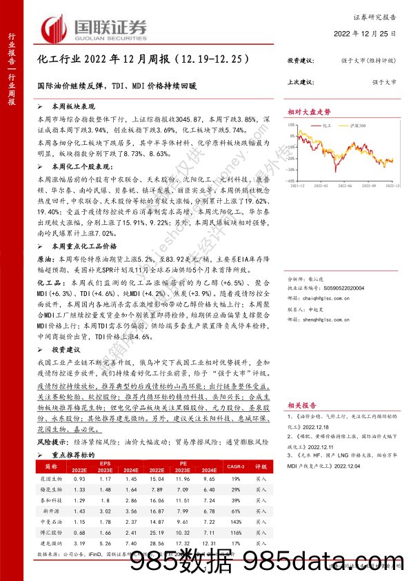 化工行业2022年12月周报：国际油价继续反弹，TDI、MDI价格持续回暖_国联证券