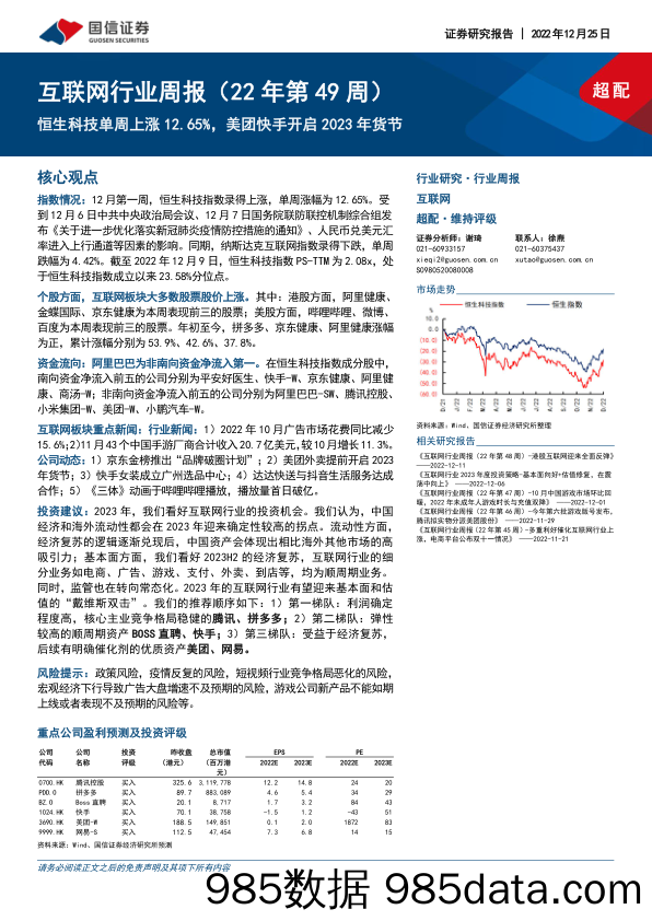 互联网行业周报（22年第49周）：恒生科技单周上涨12.65%，美团快手开启2023年货节_国信证券