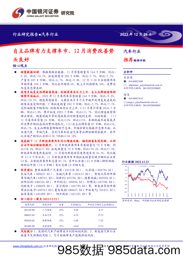 汽车行业：自主品牌有力支撑车市，12月消费改善势头良好_中国银河