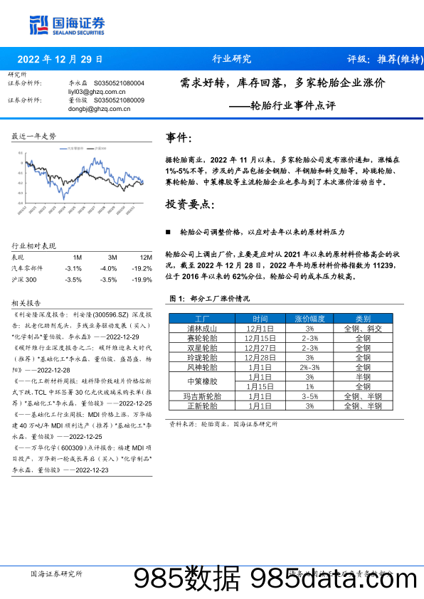 轮胎行业事件点评：需求好转，库存回落，多家轮胎企业涨价_国海证券