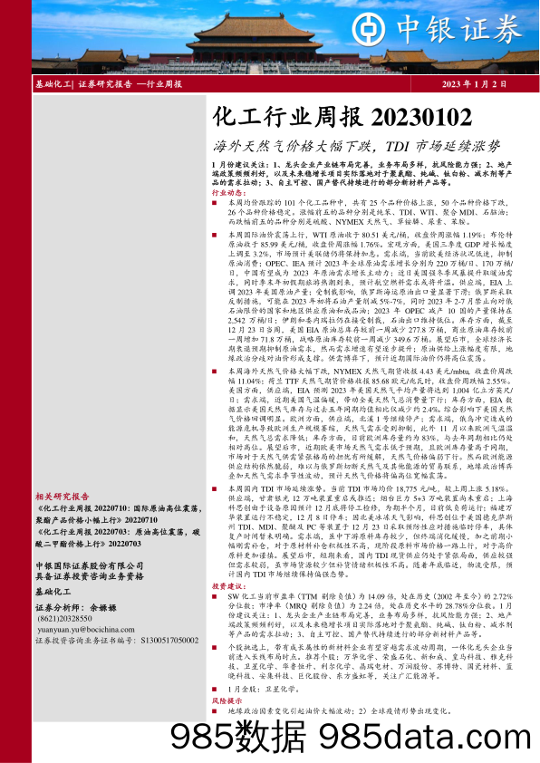 化工行业周报：海外天然气价格大幅下跌，TDI市场延续涨势_中银证券